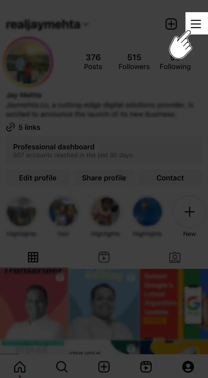 Click on the three horizontal lines in Instagram to access additional options