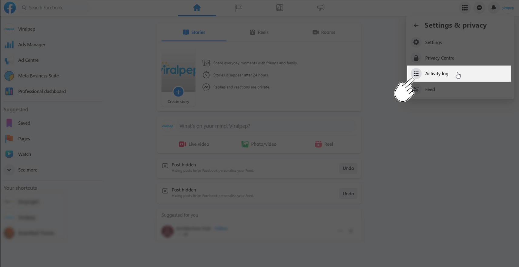 Select activity log options in facebook desktop app