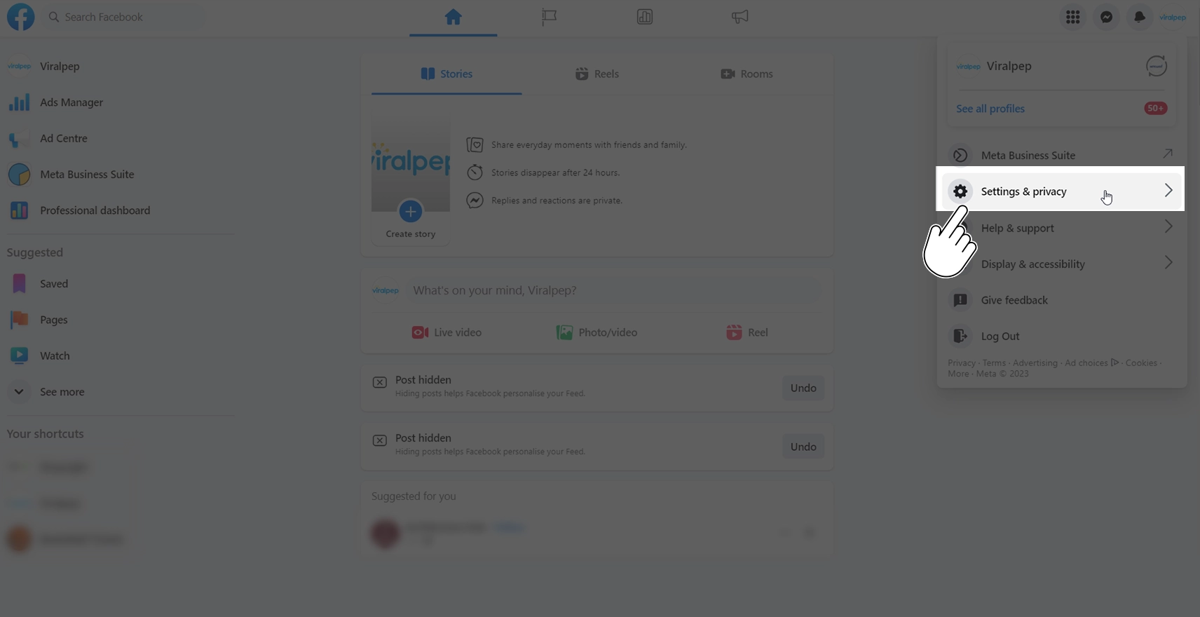 Select settings and privacy option in facebook desktop app