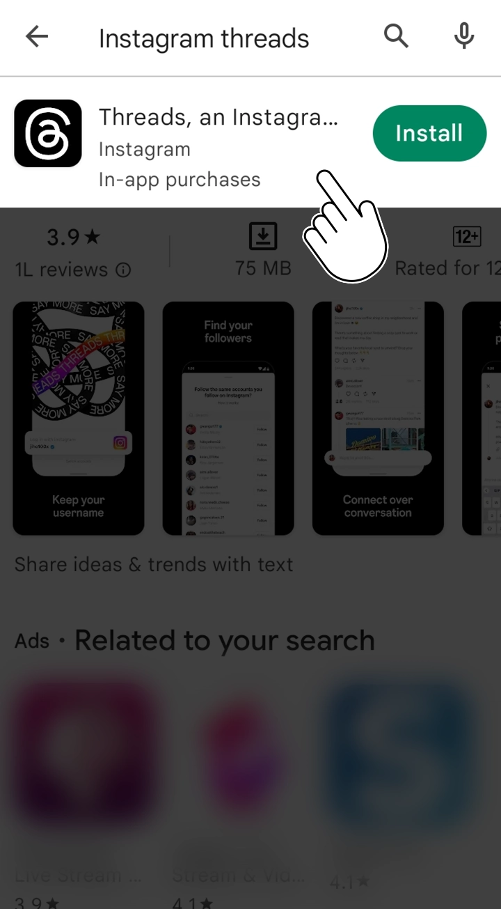 Type Instagram threads in the Search tab of Android Play store