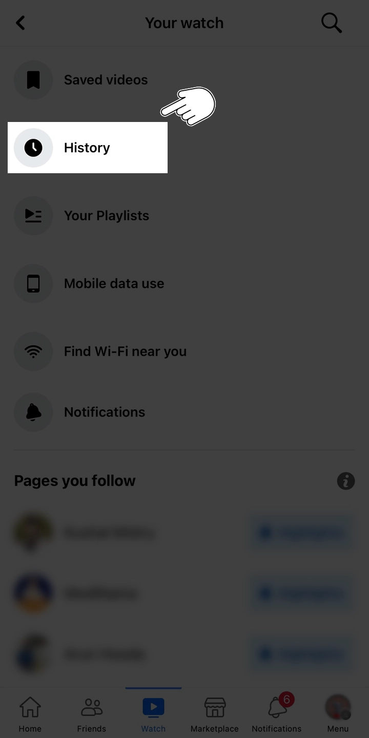 Watch History option in facebook iphone app