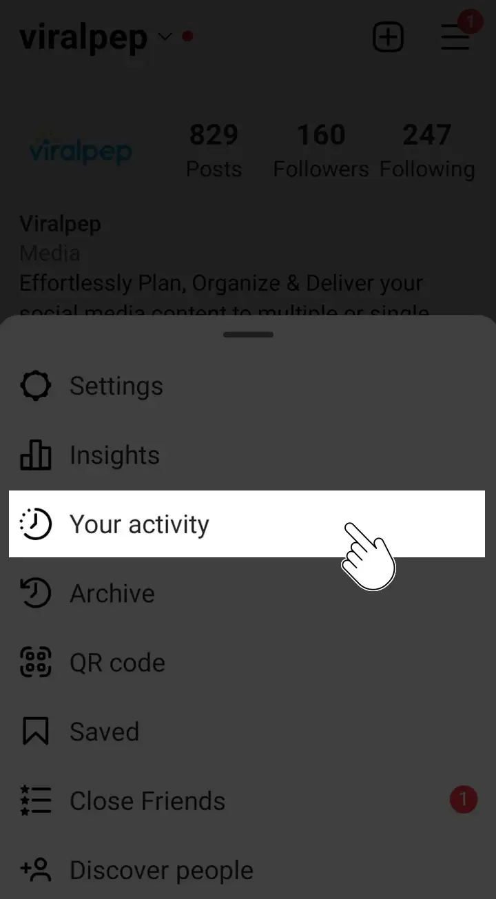 Your activity option in Instagram
