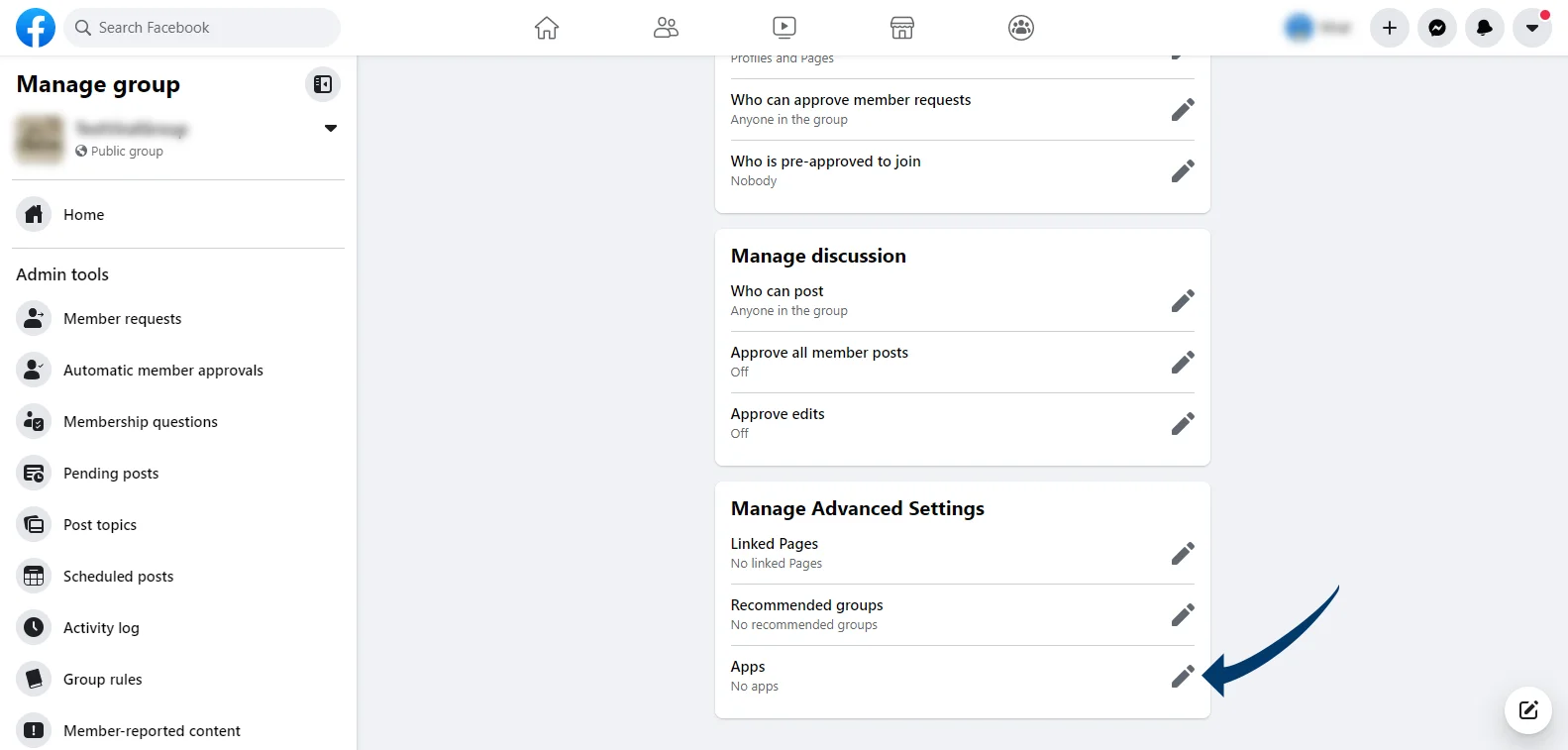 Click apps section in manage facebook group dashboard