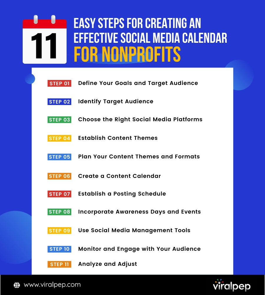 Step social media content calendar for nonprofits